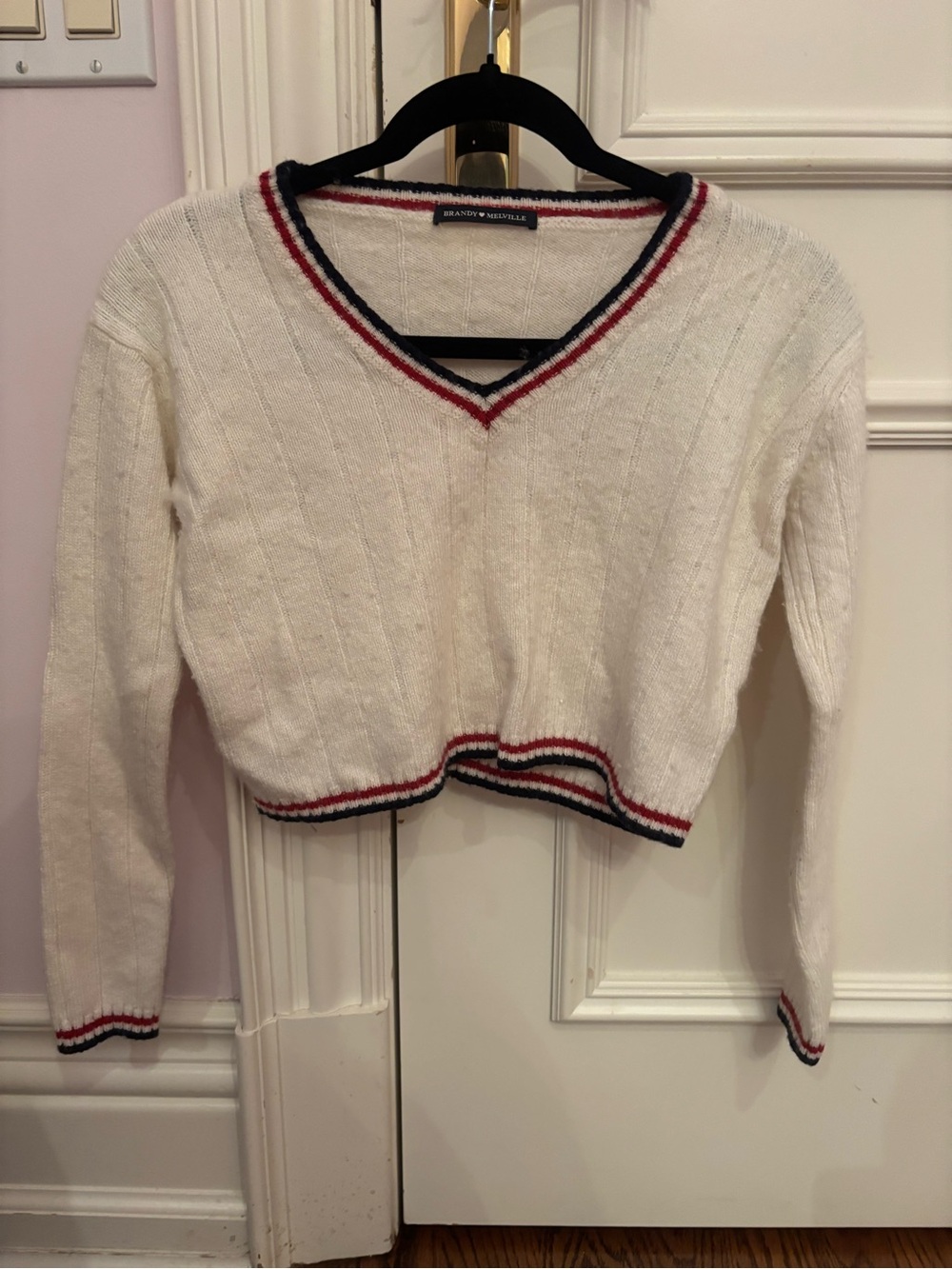 Brandy Melville Cream V-Neck Cropped Sweater with Red & Navy Trim